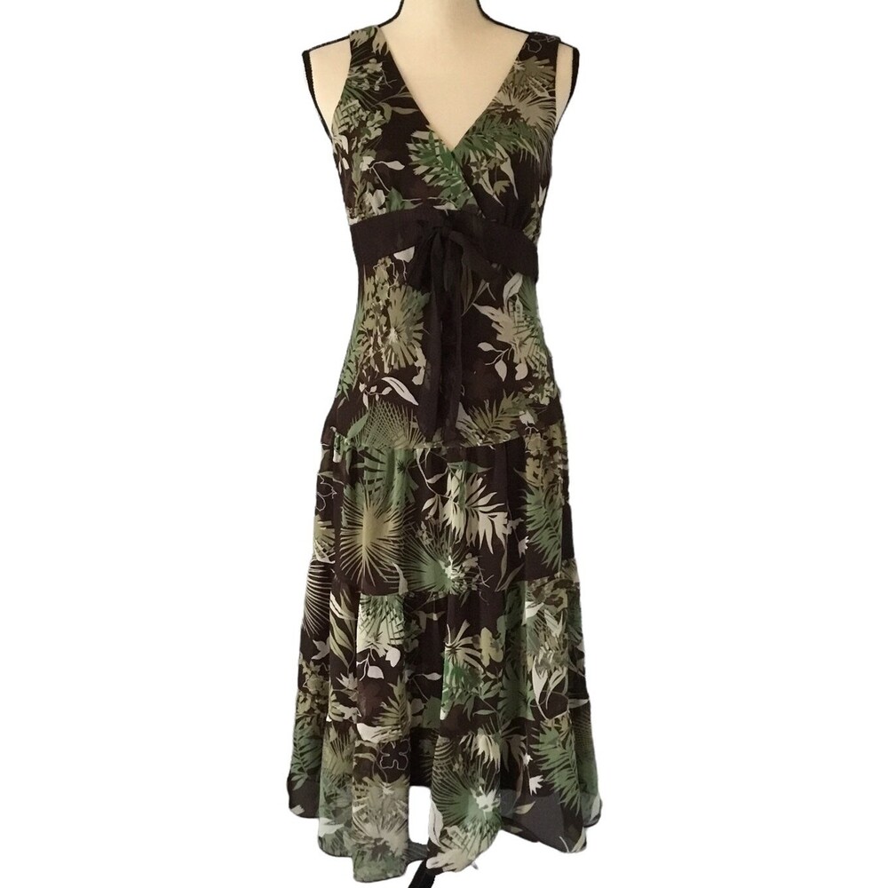 Connected calf length dress. Brown with tan & olive green tropical print. Size 6